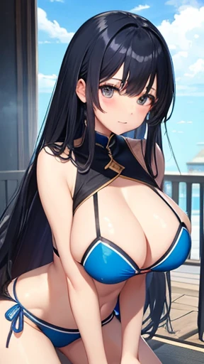 (Highest quality:1.3)、One Girl、huge 、Blue Bikini、Kneel、Long black hair,Big Breasts、Shyness、Cute anime illustrations、Kamimei、