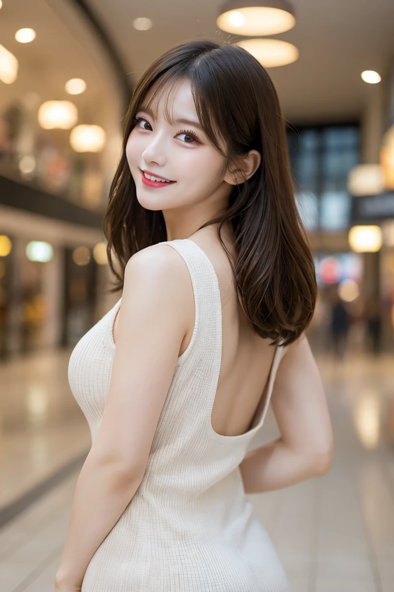 Shopping mall , Highest quality, shape, Very detailed, In detail, High resolution, 8k wallpaper, Perfect dynamic composition, Beautiful details, Natural Lip, Too cute outfit, Big Breasts, , She is smiling in a cute pose.., A masterpiece of the whole body, Side Short