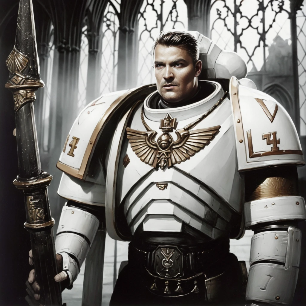 portrait of (Garviel Loken:1.1), wearing (white armor:1.3), (mace:1.2) young male, attractive, handsome face, short hail (blonde:1.1), textured skin, detailed pupils, realistic dull skin noise, visible skin detail, skin fuzz, dry skin, (looking far:1.3) indoors, bright lighting, gothic cathedral in the blurry background, epic lighting, ambient lighting, warhammer 40k, High Detail, film photography, RAW candid cinema, 16mm, Hyperdetailed, analog style, detailed skin, matte skin, soft lighting, subsurface scattering, high quality, highres, absurdres, best quality, full body, torso, upper body