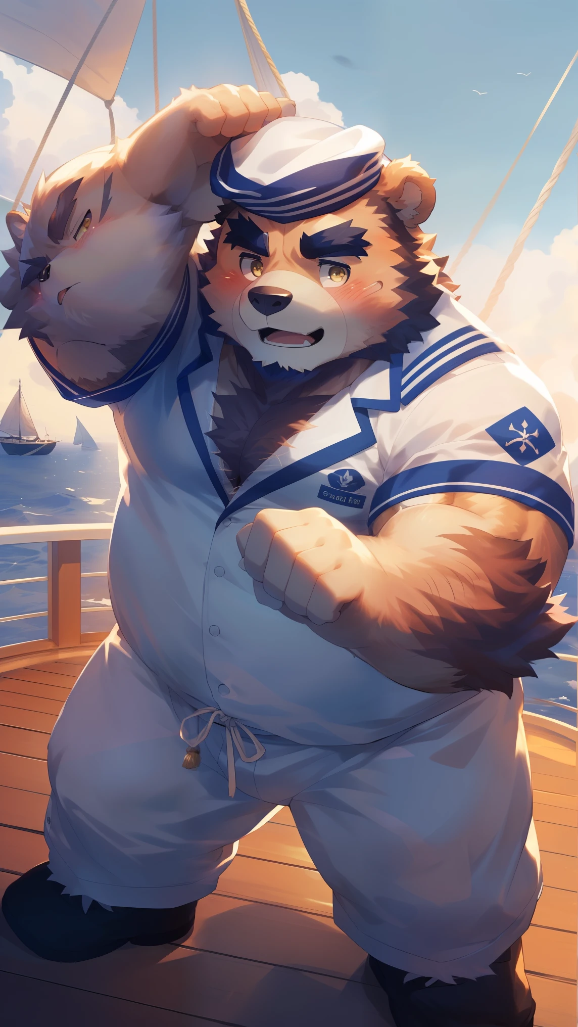 (Vision:1.5), solitary, anthropology, hairy, hairy male, Bear, ((Fluffy fur, Fluffy, hairy body)), (bear print), (Thick eyebrows), youth, muscular, pectoralis major, White fur, Golden pupils, defaced face, fundos, sailor, 蓝白条纹sailor服, White beret, On board, Sailing, sideways, Shy expression, blush, (Dynamic poses:1.5), Clear facial features, Strong, majestic, alone, panoramic, Fog atmosphere, early morning, Tyndall Light Effect, On deck, early morning的阳光, (By Empty Ghost, From bear20, masterpiece, high quality, high resolution,8k)