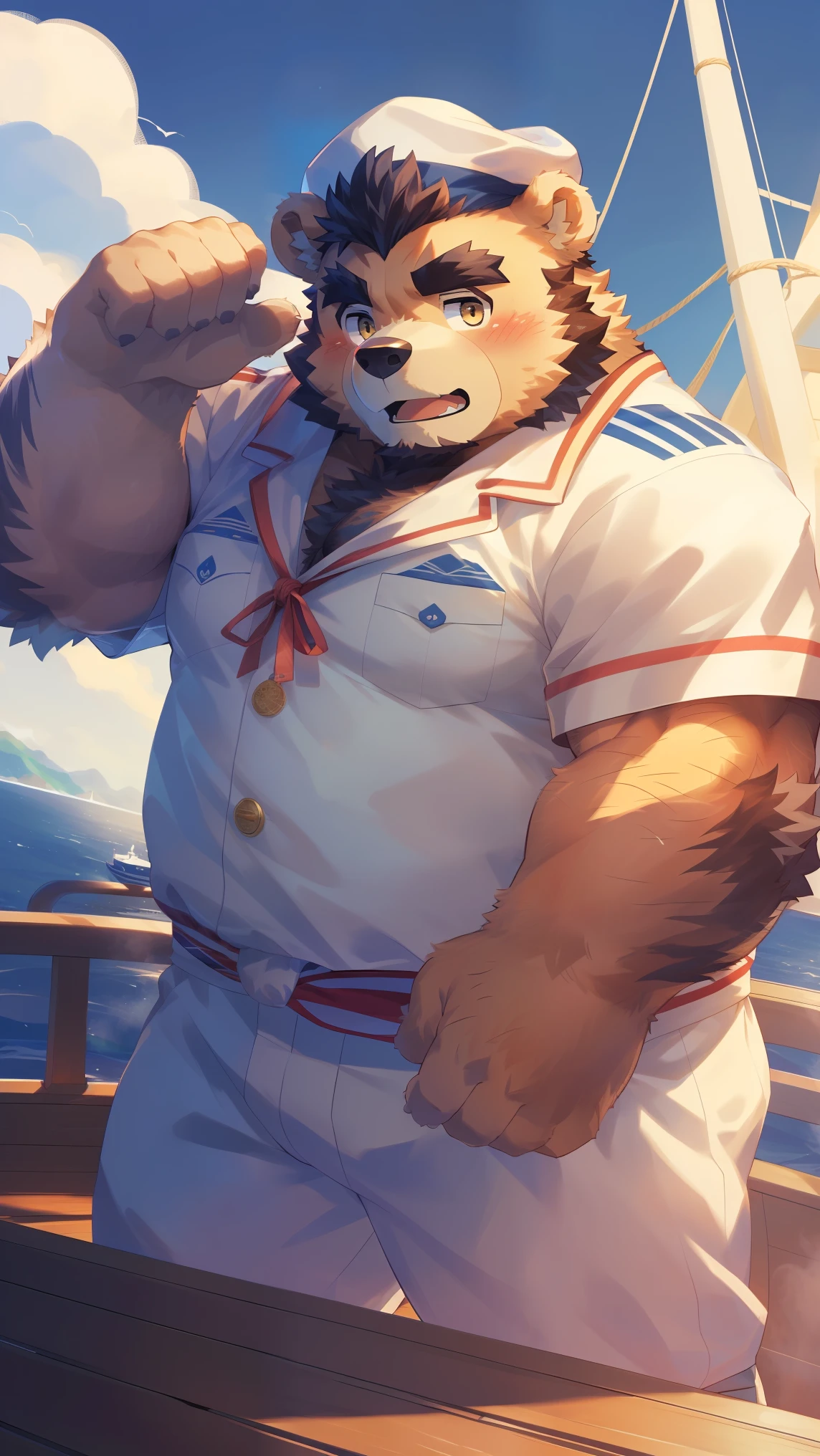 (Vision:1.5), solitary, anthropology, hairy, hairy male, Bear, ((Fluffy fur, Fluffy, hairy body)), (bear print), (Thick eyebrows), youth, muscular, pectoralis major, White fur, Golden pupils, defaced face, fundos, sailor, 蓝白条纹sailor服, White beret, On board, Sailing, sideways, Shy expression, blush, (Dynamic poses:1.5), Clear facial features, Strong, majestic, alone, panoramic, Fog atmosphere, early morning, Tyndall Light Effect, On deck, early morning的阳光, (By Empty Ghost, From bear20, masterpiece, high quality, high resolution,8k)
