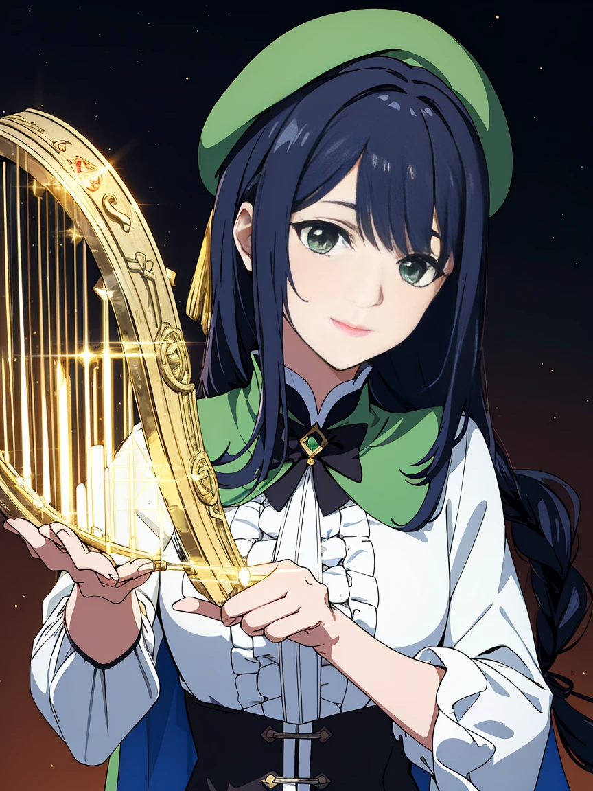 masterpiece, Highest quality, night, full moon, 1 girl, Mature Woman, 中国Wind, ancient China, younger sister, imperial younger sister, smile, Dark brown hair, Black Hair, Princess Cut, a Fried Dough Twists Braiding, Curly Hair, Double Ball Head, Pale pink lips, Calm, intellectual, Mid-length hair, Green Eyes, hairpin, Embroidered ball, Beautiful Face, Face close-up, Hands close-up,Highest quality, masterpiece, Ultra-high resolution, (Realistic:1.4), RAW Photos, One girl, Glowing Skin, light smile,Wind (Genshin Impact), harp, Black Hair, Have, smile, Braiding, Long sleeve, twin Braidings, Gradient Hair, Multicolored Hair, pantyhose, vision (Genshin Impact), Shorts, Blue Hair, Green hat, beret, white pantyhose, green Shorts, collared Cape, bangs,shirt, jewelry, white shirt, brooch, Cape, Androgynous, Frills袖, Frills, corset, Long hair short hair