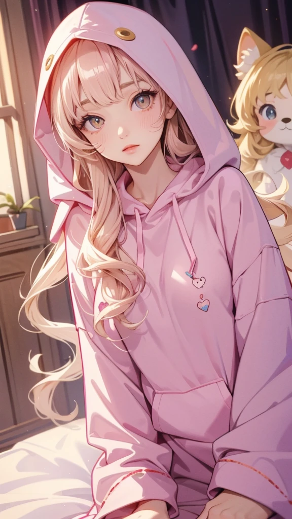 adult  woman, Age 22; long hair, pretty and pink, curly hair; light yellow eyes, angelic and beautiful face with flushed cheeks, rosto ultra detaild; (( wearing cute hooded kigurumi pajamas )); best qualityer, ultra detaild, best resolution, 4K, soft strokes, role model, work of art, closes; dimly lit room in the background