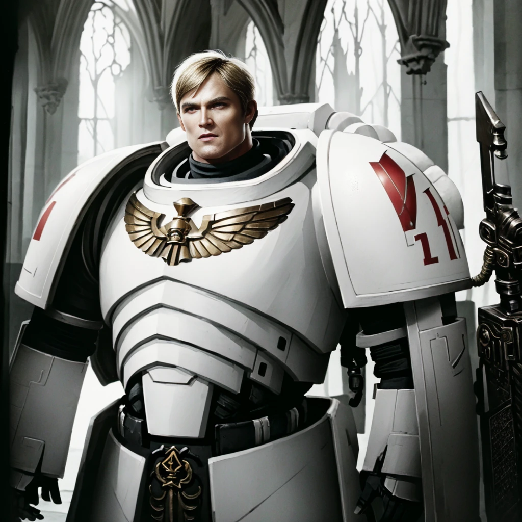 portrait of (Garviel Loken:1.1), wearing (white armor:1.3), (mace:1.2) young male, attractive, handsome face, short hail (blonde:1.1), textured skin, detailed pupils, realistic dull skin noise, visible skin detail, skin fuzz, dry skin, (looking far:1.3) indoors, bright lighting, gothic cathedral in the blurry background, epic lighting, ambient lighting, warhammer 40k, High Detail, film photography, RAW candid cinema, 16mm, Hyperdetailed, analog style, detailed skin, matte skin, soft lighting, subsurface scattering, high quality, highres, absurdres, best quality, full body, torso, upper body