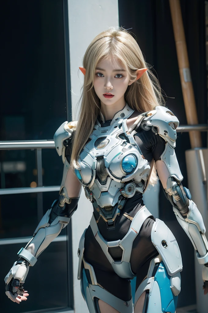 best quality, 1080P, Masterpiece, Whole body photo, Ultra high resolution, photorealistic photo, ultra realism, Realistic skin texture, light blonde hair, Extreme skin detail, dslr, Detailed eyes, Facing the camera, Very beautiful face, Firm facial structure, Pale skin, Realistic skin texture, Extreme skin detail, oc render reflection textures, Realistic light and shadow, One picture, alone, The body is slender and balanced.., Age 20, Height 170, สาวbare, bare, no underwear, A girl with the body of a mechanical robot.., Transparent futuristic black glass mech armor., Transparent light blue armor, The mechanical cervix is stuck in the neck.., Flat stomach, Woman with perfect mechanical arms and legs, full body view, Whole body photo, elf ears