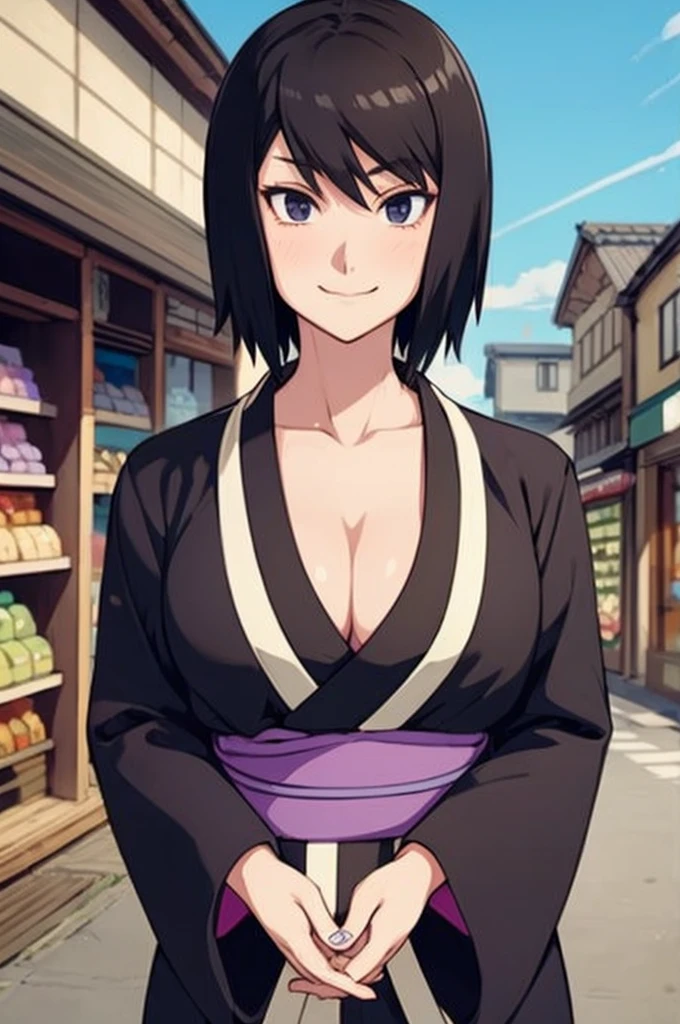 Shizune from Naruto fair slender women average height and slender build with very big large that are exposed through her lose clothes onyx eyes and jet-black hair; her hair is straight shirt reaching only her neck with bangs that cover her ears and frame her face, wearing long bluish-black kimono with white trimmings, held closed by a white obi, and open-toed sandals with low heels. And great thighs