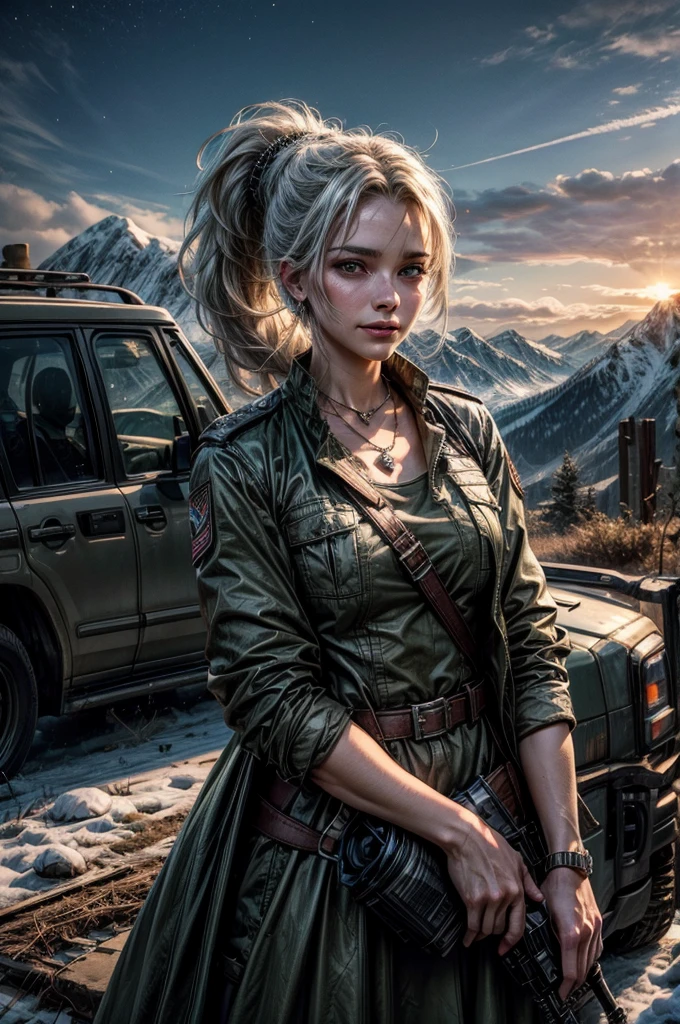 (masterpiece, best quality:1.2), cowboy shot, weissvale, smile, closed mouth, looking at viewer, long white hair, side ponytail, scar above eye, scar below eye, white military dress, jewelry, necklace, earrings, standing with army in city ruins on hill, overlooking valley, BREAK night, stars, moon, snow, BREAK mountains in background, waterfall, vehicle wreck, army searching with rifles, (army in military uniform), bonfires, post-apocalypse, dystopian future,