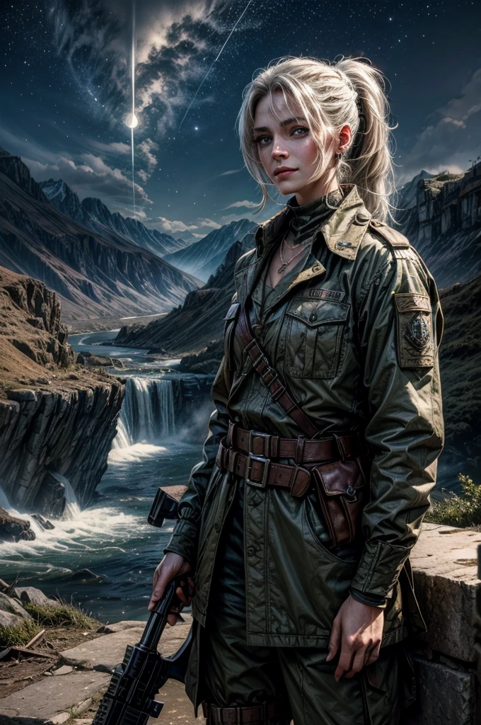 (masterpiece, best quality:1.2), cowboy shot, weissvale, smile, closed mouth,  looking at viewer, long white hair, side ponytail, scar above eye, scar below eye, white military dress,  jewelry, necklace, earrings, standing with army in city ruins on hill, overlooking valley, BREAK night, stars, moon, snow, BREAK mountains in background, waterfall, vehicle wreck, army searching with rifles, (army in military uniform), bonfires, post-apocalypse, dystopian future, 