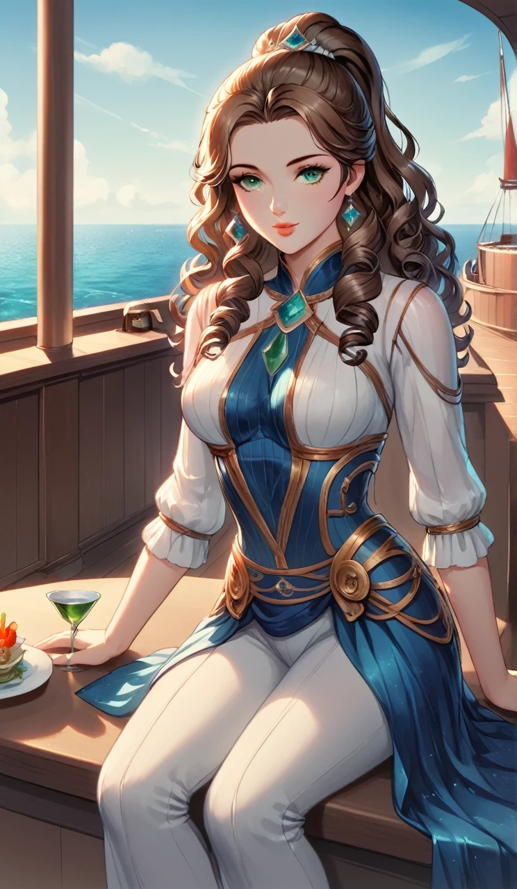 Beautiful girl with semi curly brown hair, collected in a high ponytail, green eyes, thin complexion, dressed in clothes designed for an exploration in Antarctica, sitting in the cafeteria of a ship heading to Antarctica, having breakfast, looking at the glacial landscape