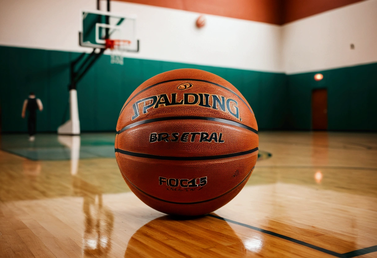 a picture of a basket ball (no logos or symbols on the basketball) on the floor, basketball court in the background like in a commercial, basketball court is out of focus
