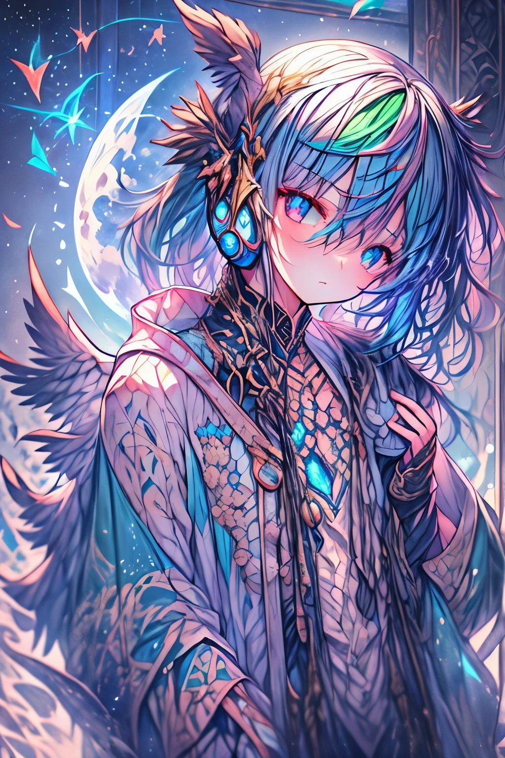 High resolution, masterpiece, Highest quality, One boy、Embarrassed、Purple Hair、Inner colorlight blue、Gradient color hairstyle, Diagonal bangs, Asymmetrical bangs, short hair、Asymmetrical Short、slacks、Wear warm clothes、Odd Eye、Attractive eyes、20-year-old、adult、headphone、music、magic、fallen Angel、Fantasy、moonlight、Moon God、vivid