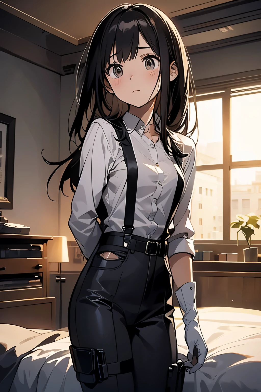 1 female, , high quality, masterpiece, Ultra-high resolution, , Cinema Lighting, , , And the suspenders with the cranes flying Moderate breasts Small face holster Lying in bed Looking up Sweat belt summer 脇Sweat Black Hole Gloves suit shirt Black jacket Black trousers Leg Links ズボンにbelt holster Hands behind your back Anxious expression Looking up Anxious face, legs apart