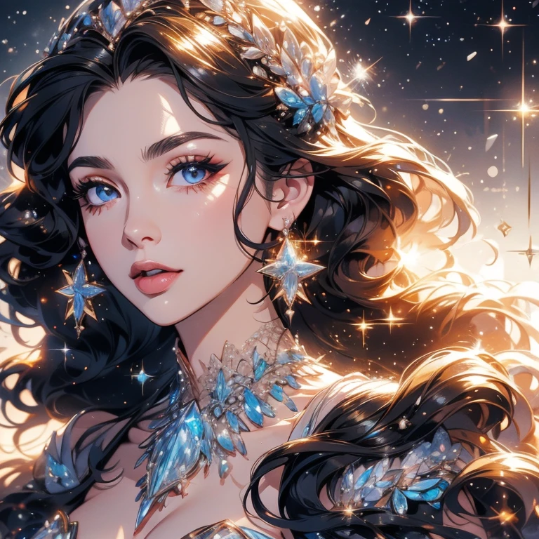 A beautiful woman in crystal clothes, crystal earrings. Ultra realistic, perfect image, film lighting.