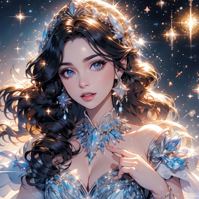 A beautiful woman in crystal clothes, crystal earrings. Ultra realistic, perfect image, film lighting.