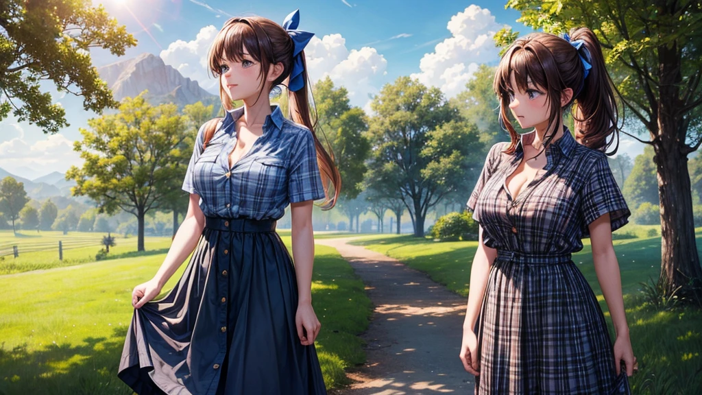 2girls, full body, rural landscape, village, trees, sun, clouds, fantasy, brown hair, ponytail, large breasts, ((touching breasts)), erotic, love, button down shirt, ((blue checked shirt)), ((short sleeved shirt)), ((unbuttoned shirt)), unbuttoning buttons, cleavage 1:3, shirt tied under chest, belly, blue eyes, dark skirt, laugh, standing, hair ribbon, golden necklate