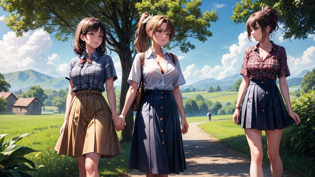 2girls, full body, rural landscape, village, trees, sun, clouds, fantasy, brown hair, ponytail, large breasts, ((touching breasts)), erotic, love, button down shirt, ((blue checked shirt)), ((short sleeved shirt)), ((unbuttoned shirt)), unbuttoning buttons, cleavage 1:3, shirt tied under chest, belly, blue eyes, dark skirt, laugh, standing, hair ribbon, golden necklate