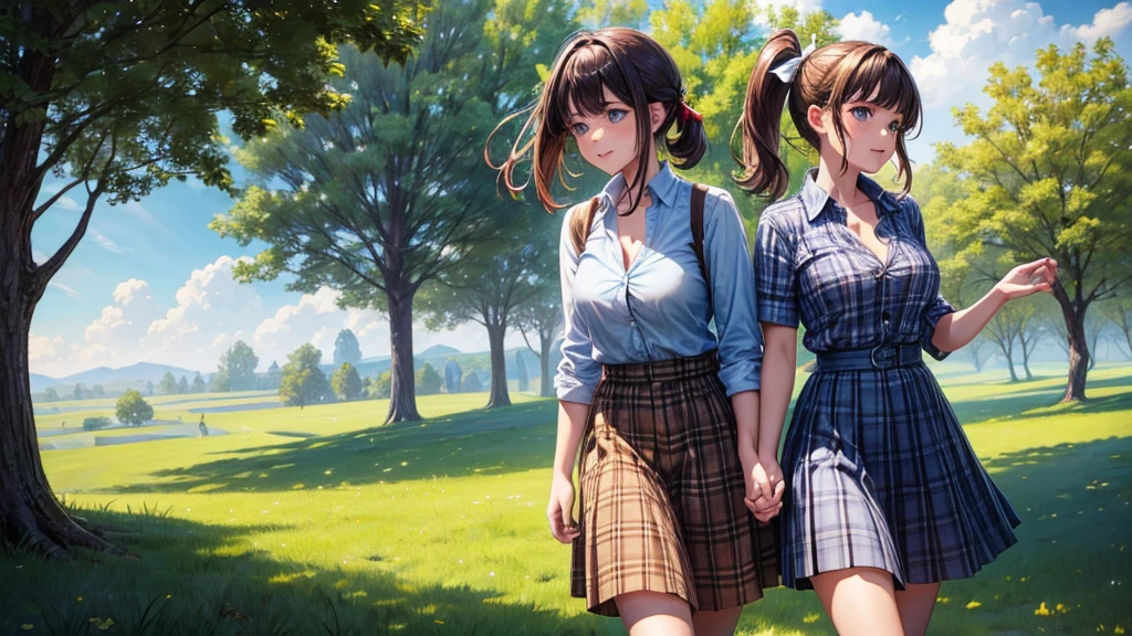 2girls, full body, rural landscape, village, trees, sun, clouds, fantasy, brown hair, ponytail, large breasts, ((touching breasts)), erotic, love, button down shirt, ((blue checked shirt)), ((short sleeved shirt)), ((unbuttoned shirt)), unbuttoning buttons, cleavage 1:3, shirt tied under chest, belly, blue eyes, dark skirt, laugh, standing, hair ribbon, golden necklate