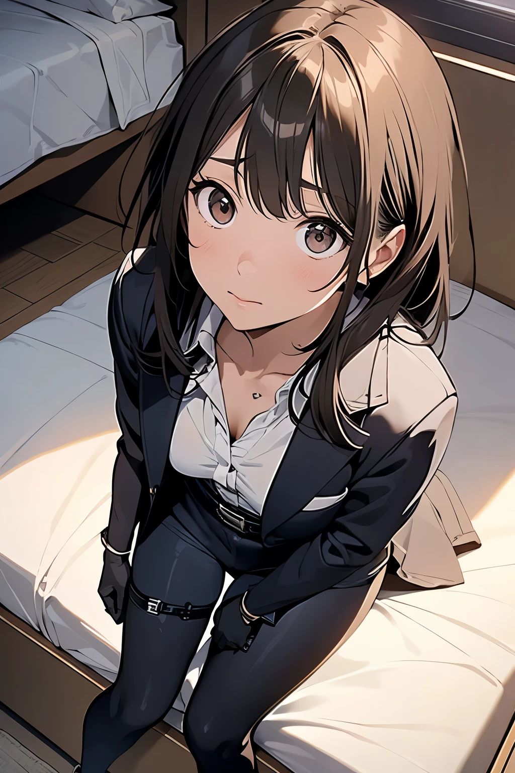 1 female, , high quality, masterpiece, Ultra-high resolution, , Cinema Lighting, , , And the suspenders with the cranes flying Moderate breasts Small face holster Lying in bed Looking up Sweat belt summer 脇Sweat Black Hole Gloves suit shirt Black jacket Black trousers Leg Links ズボンにbelt holster Hands behind your back Anxious expression Looking up Anxious face, legs apart