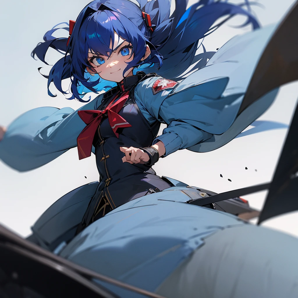 1 girl, AKIRA_Raby, Giant Figure Hair and clothing details in blue, hololive, pretentious smile, glare eyes, low lighting, average quality, Afternoon
