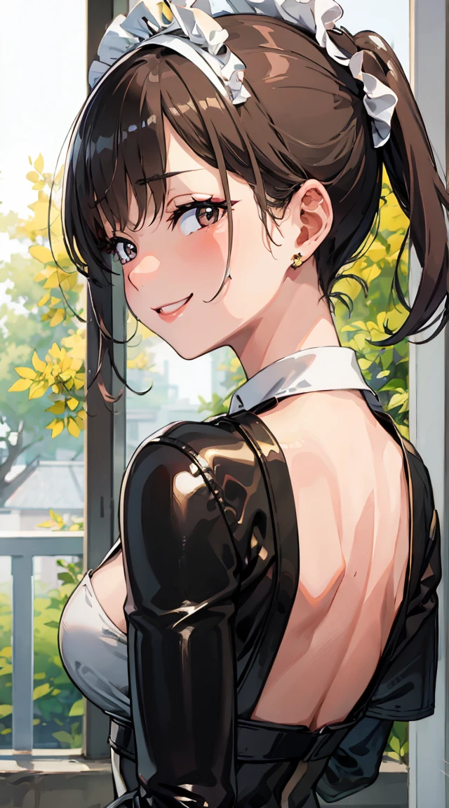 Marin Kitagawa,Maid, latex clothes, A beautiful smile, teasing,smug,((back)),