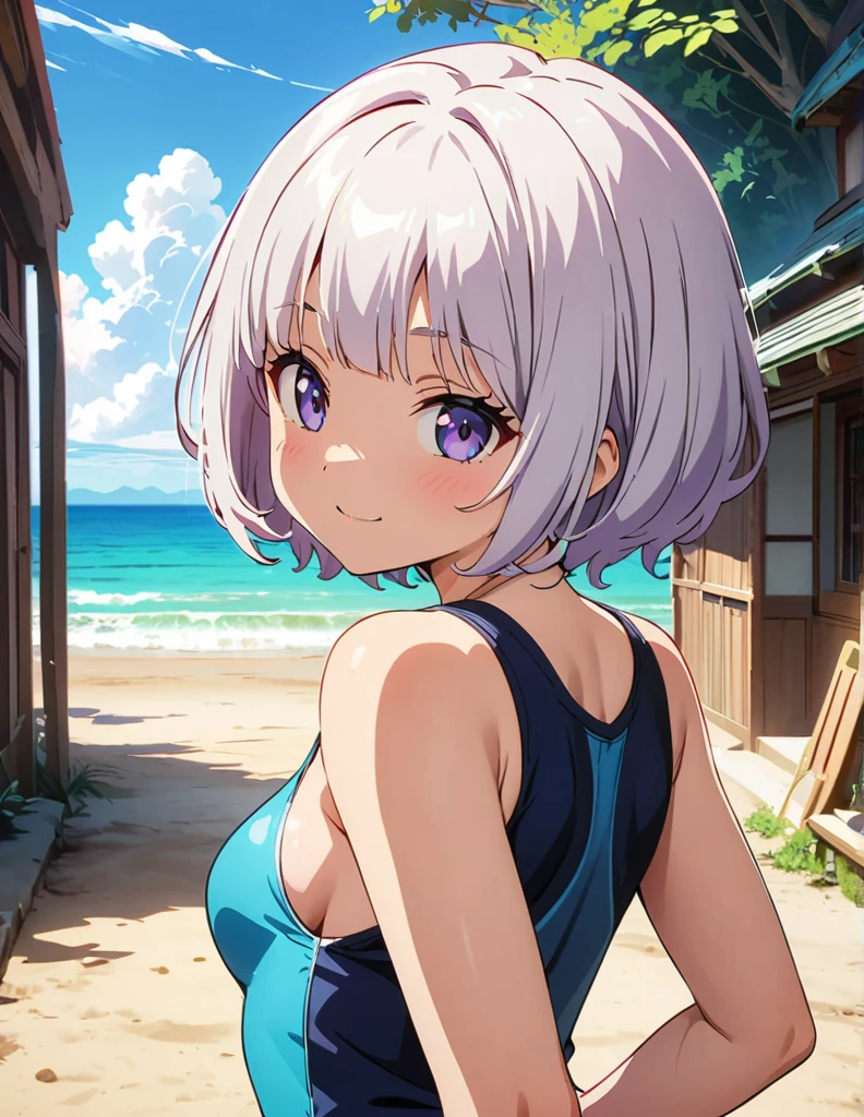 (anime artwork, anime style, studio anime, very detailed, up to date, vibrant, Anime Coloring, high contrast, masterpiece:1.2, best quality, best aesthetics),1 girl,hug from behind,swim suits, Medium chest,random hair, One eye is hidden by the bangs, perfect proportions, high detail skin, Cute, detailed faces,beach, precise fingers,curvy,adjusting swim suits, from behind, looking back,