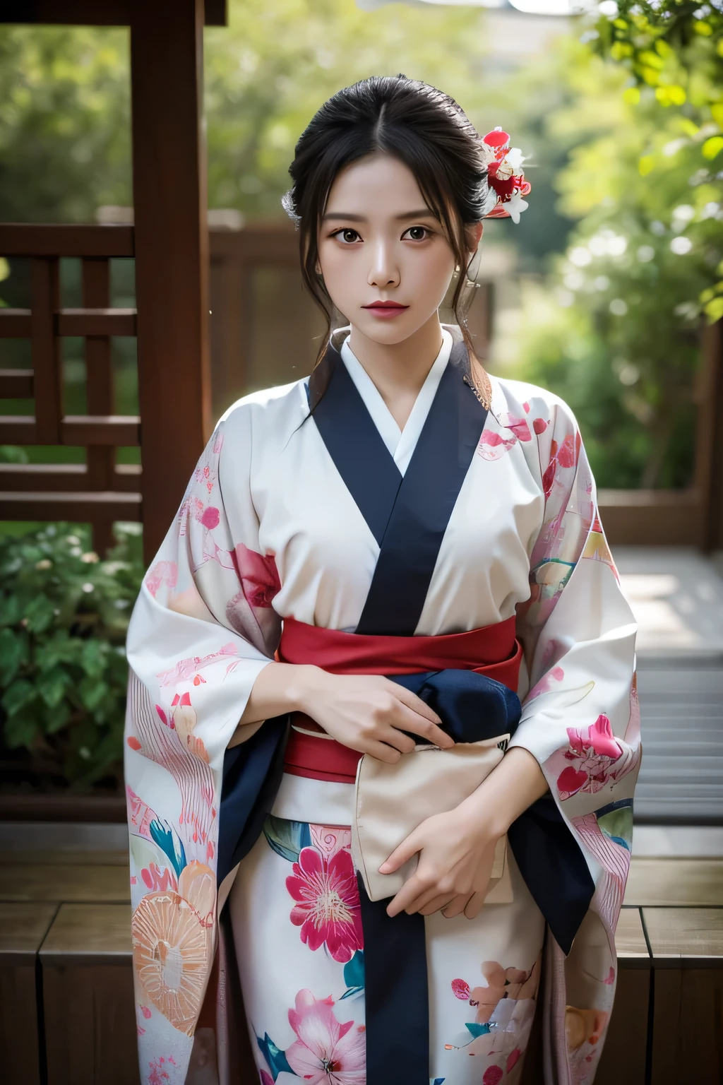 beautiful, masterpiece, best quality, Extremely detailed face, Perfect lighting, 1 Girl, Solitary, Makai Ryuko, Japanese clothes, kimono, short kimono, Cowboy shooting