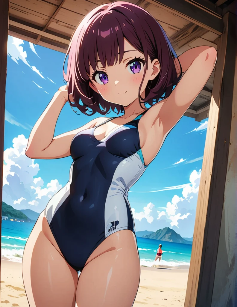 (anime artwork, anime style, studio anime, very detailed, up to date, vibrant, Anime Coloring, high contrast, masterpiece:1.2, best quality, best aesthetics),1 girl,hug from behind,swim suits, Medium chest,random hair, One eye is hidden by the bangs, perfect proportions, high detail skin, Cute, detailed faces,beach, precise fingers,curvy,adjusting swim suits, from behind, looking back,