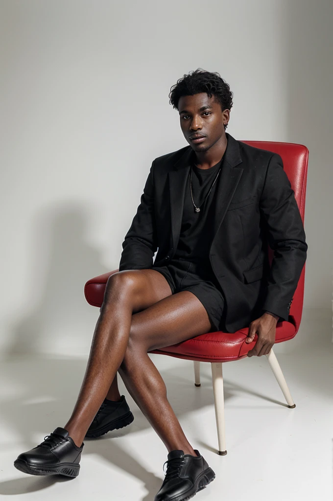 28-year-old dark-skinned man in a red armchair with a black jacket and black shoes on a white background
