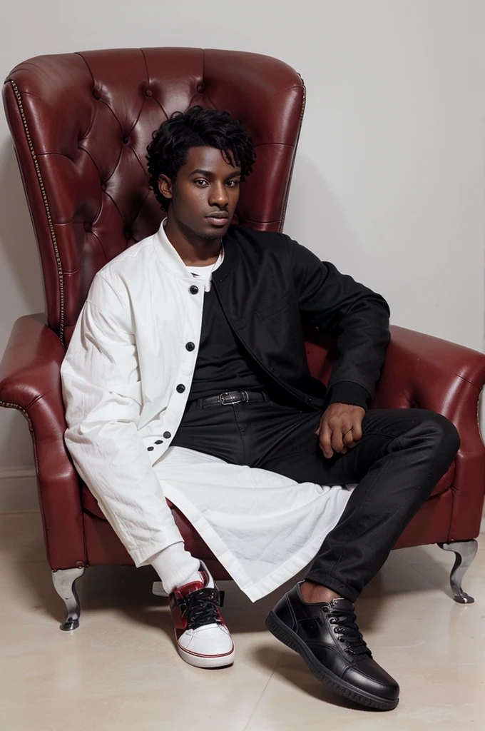 28-year-old dark-skinned man in a red armchair with a black jacket and black shoes on a white background 