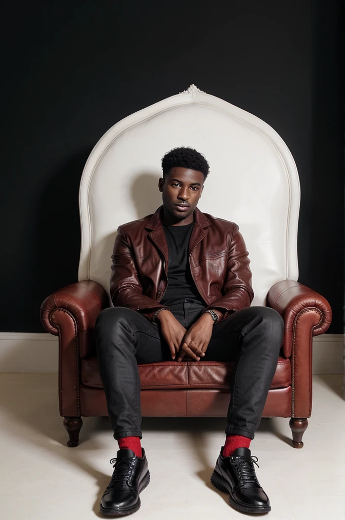 28-year-old dark-skinned man in a red armchair with a black jacket and black shoes on a white background 