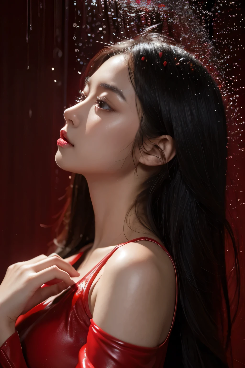 absurd,masterpiece,Ultra-high resolution,Red rain pouring,Lazy woman,Purity,Perfect