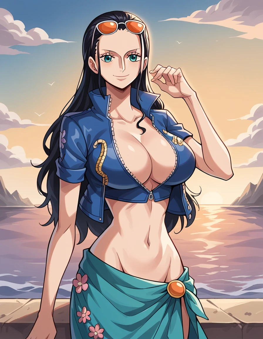 nico robin, wanostyle, 1girl, aqua eyes, black hair, breasts, cleavage, closed mouth, collared jacket, cowboy shot, crop top, cropped jacket, eyewear on head, hair slicked back, hand up, high collar, jacket, large breasts, long hair, looking at viewer, midriff, navel, plunging neckline, pose, sarong, short sleeves, smile, solo, standing, stomach, sunglasses, very long hair, flower drawing on jacket, outdoors, sea, ((masterpiece))
