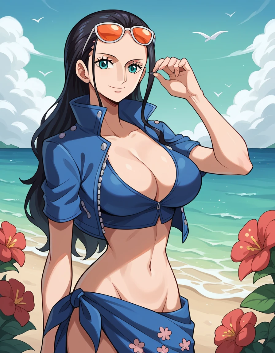 nico robin, wanostyle, 1girl, aqua eyes, black hair, breasts, cleavage, closed mouth, collared jacket, cowboy shot, crop top, cropped jacket, eyewear on head, hair slicked back, hand up, high collar, jacket, large breasts, long hair, looking at viewer, midriff, navel, plunging neckline, pose, sarong, short sleeves, smile, solo, standing, stomach, sunglasses, very long hair, flower drawing on jacket, outdoors, sea, ((masterpiece))
