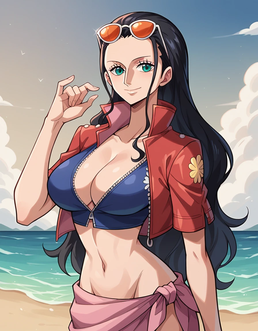 nico robin, wanostyle, 1girl, aqua eyes, black hair, breasts, cleavage, closed mouth, collared jacket, cowboy shot, crop top, cropped jacket, eyewear on head, hair slicked back, hand up, high collar, jacket, large breasts, long hair, looking at viewer, midriff, navel, plunging neckline, pose, sarong, short sleeves, smile, solo, standing, stomach, sunglasses, very long hair, flower drawing on jacket, outdoors, sea, ((masterpiece))
