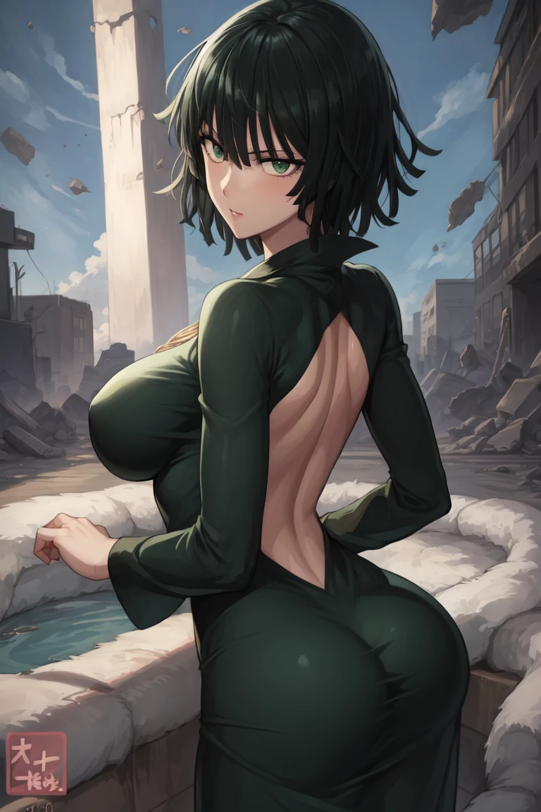 Anime art style, Fubuki from one punch man, green hair, white skin, wearing V-neck dress, standing on destroyed city, cinematic lights, blushing cheeks, smilling, looking back at viewers, grabbing her ass, big breast, big booty, NSFW, back view, beautiful scenery.