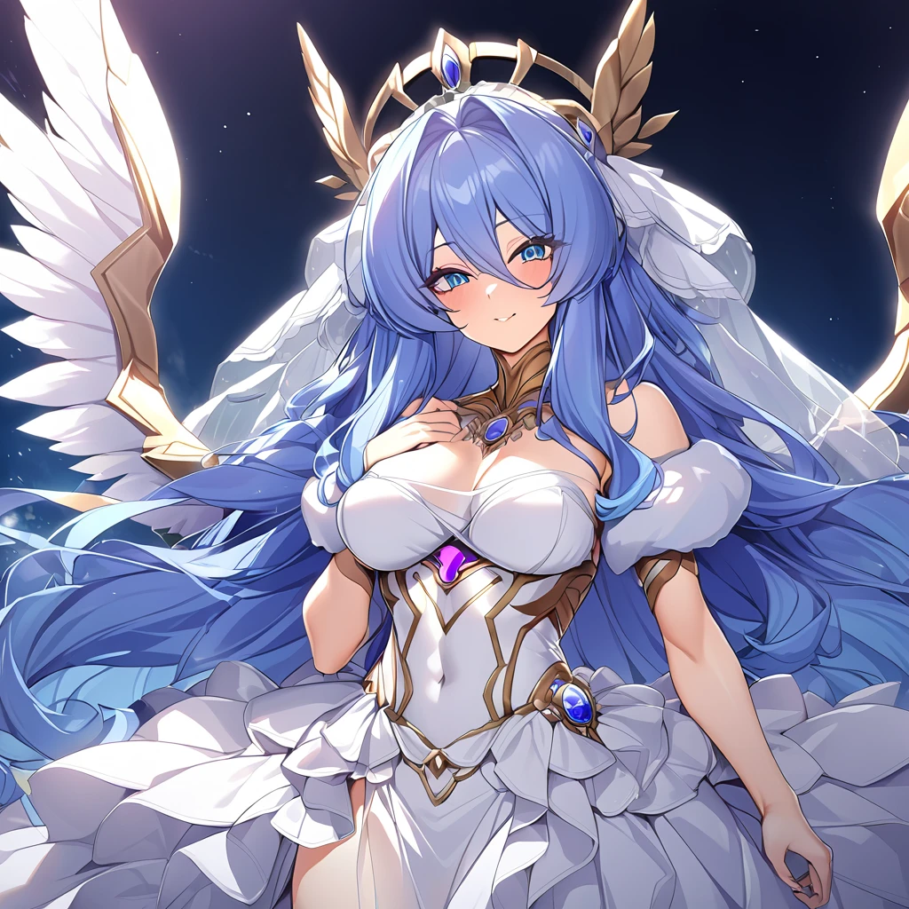 ((Highest quality)), ((masterpiece)), (detailed), (Perfect Face)、The woman was a great angel who became the Greek goddess Hera.6An archangel and god with wings and a shining halo above his head.々The wife of Zeus, the king of the gods, the queen of gods, the goddess of Extia、The woman is a beautiful goddess, Goddess Extia, the queen of the one and only god Zeus, with medium-long blue hair, wearing a pure white vintage wedding dress with luxurious gold embroidery and edging, a luxurious vintage wedding veil, luxurious jewelry and decorations, an engagement ring, and luxurious accessories. She is an elegant goddess, the graceful and beautiful queen of the gods, Goddess Extia.