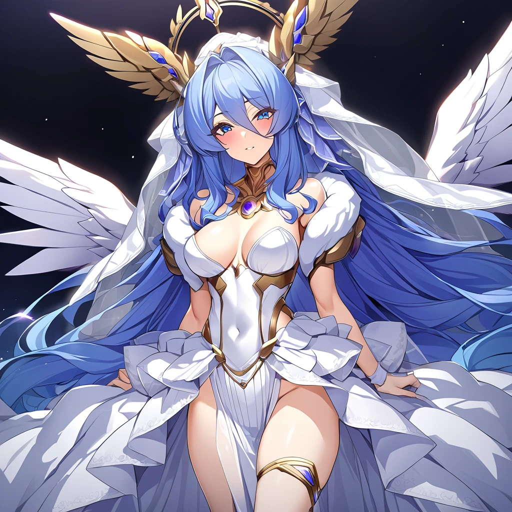 ((Highest quality)), ((masterpiece)), (detailed), (Perfect Face)、The woman was a great angel who became the Greek goddess Hera.6An archangel and god with wings and a shining halo above his head.々The wife of Zeus, the king of the gods, the queen of gods, the goddess of Extia、The woman is a beautiful goddess, Goddess Extia, the queen of the one and only god Zeus, with medium-long blue hair, wearing a pure white vintage wedding dress with luxurious gold embroidery and edging, a luxurious vintage wedding veil, luxurious jewelry and decorations, an engagement ring, and luxurious accessories. She is an elegant goddess, the graceful and beautiful queen of the gods, Goddess Extia.