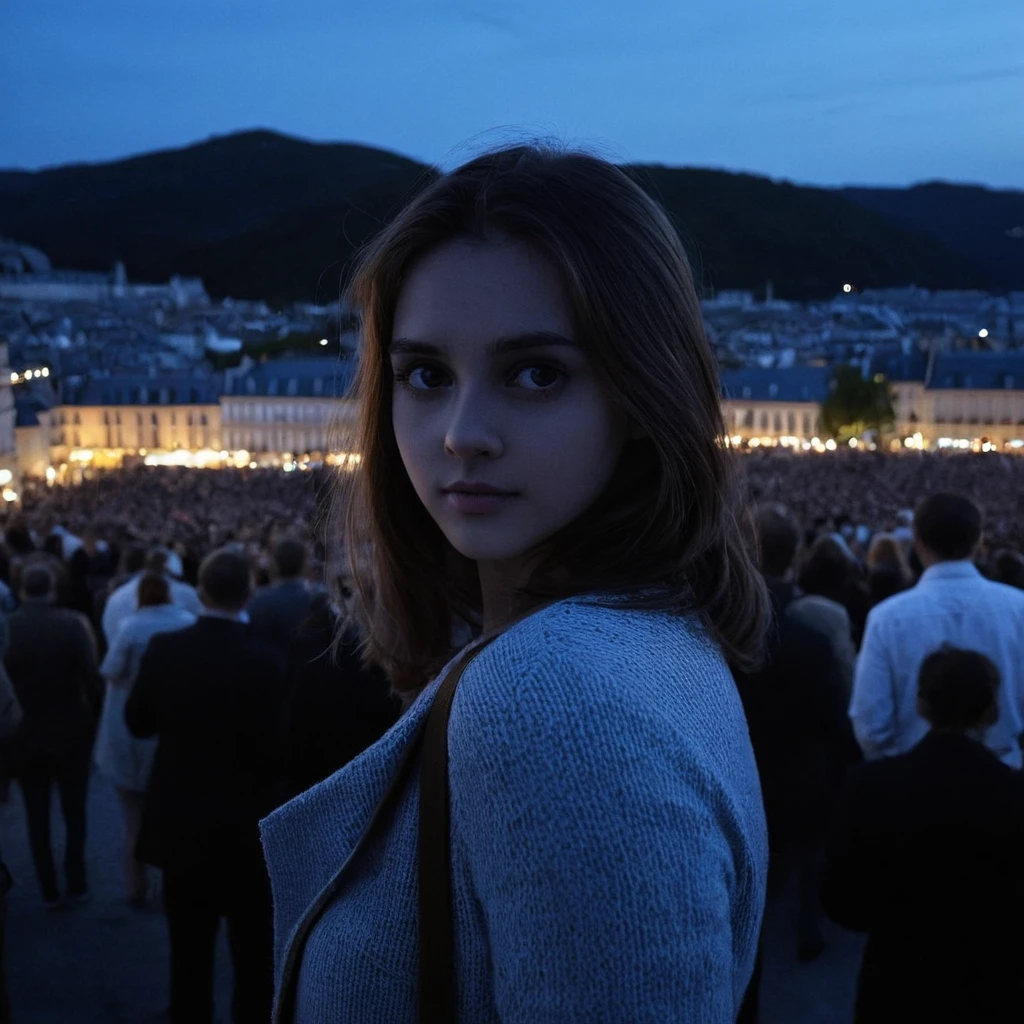 France、Girl looking at the viewer from the crowd、夜のFrance、Beautiful scenery、A scene from a movie、Woman looking back、Extremely high resolution detail, photograph, Realism pushed to the limit, Fine texture, 