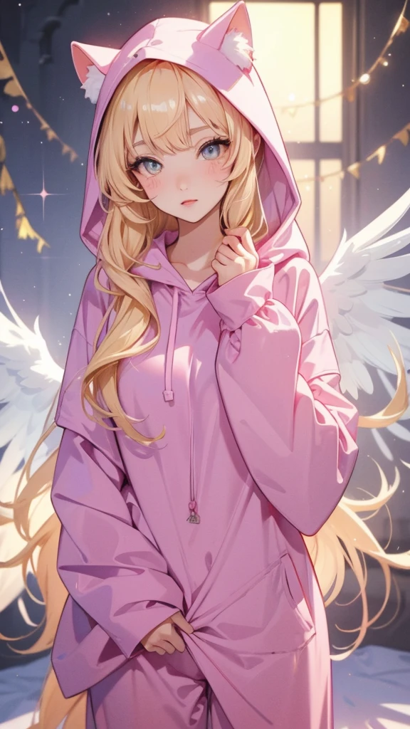 adult  woman, Age 22; long hair, pretty and pink, curly hair; ( light yellow eyes) , angelic and beautiful face with flushed cheeks, rosto ultra detaild; (( wearing cute hooded kigurumi pajamas )); best qualityer, ultra detaild, best resolution, 4K, soft strokes, role model, work of art, closes; dimly lit room in the background