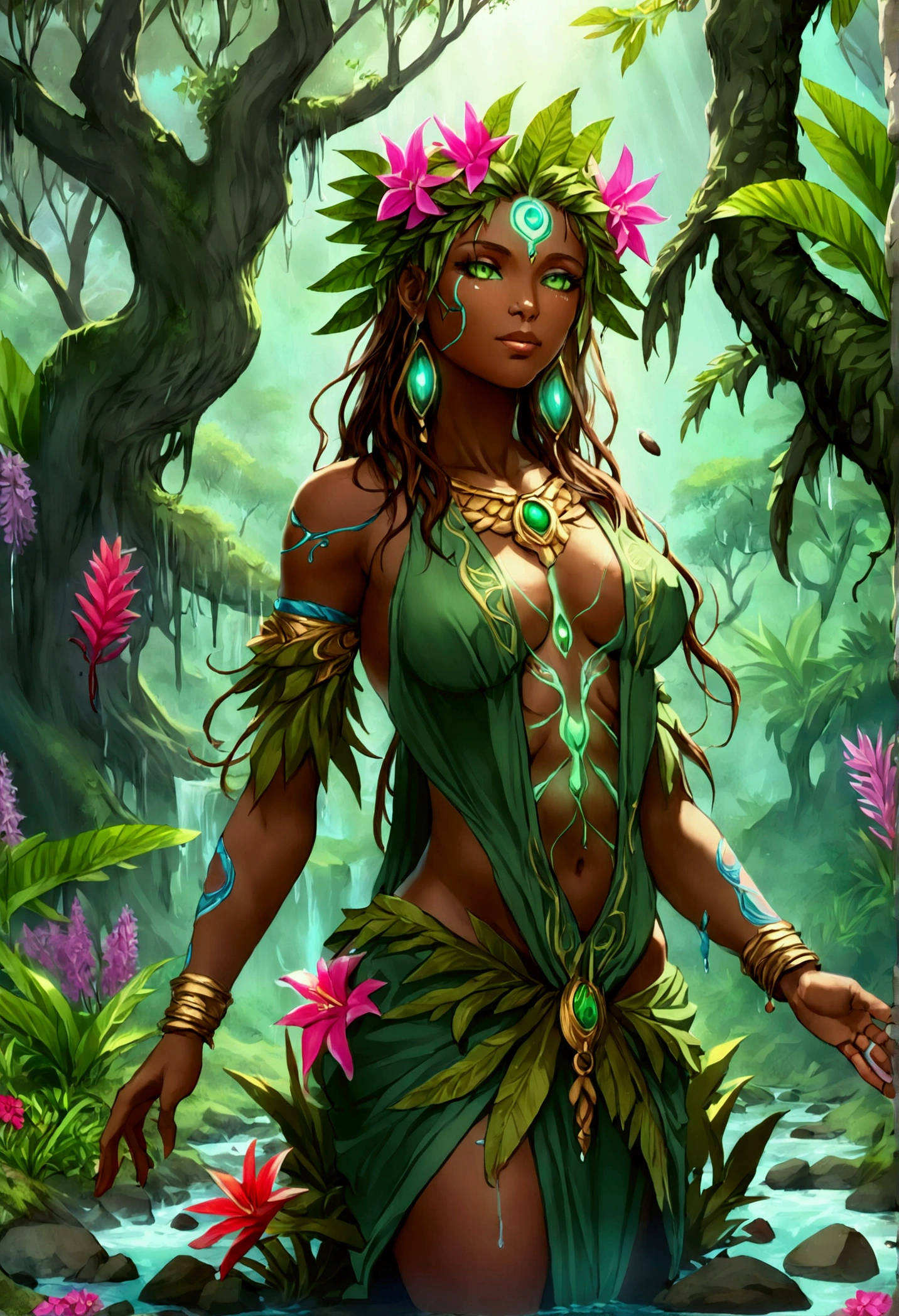  a picture of a druid in her jungle cove, an exotic, most beautiful human druid, priest of nature, warden of the wild of the jungle, full body, ((anatomically correct: 1.5)) long hair, wild hair, light green, flowers and leaves in her hair, wearing a (green robe: 1.3), intricate robe, with flowers on it,  small cleavage, high boots, eyes glowing with magic, she protects her jungle grove, many old (cacao trees: 1.3), orchids trees, heliconia flowers, some wild life, a (stream of water: 1.3), fantasy art, vibrant, Ultra-high resolution, High Contrast, (masterpiece:1.5), highest quality, Best aesthetics), best details, best quality, highres, ultra wide angle, 16k, [ultra detailed], masterpiece, best quality, (extremely detailed) RAW, DruidMagicAI