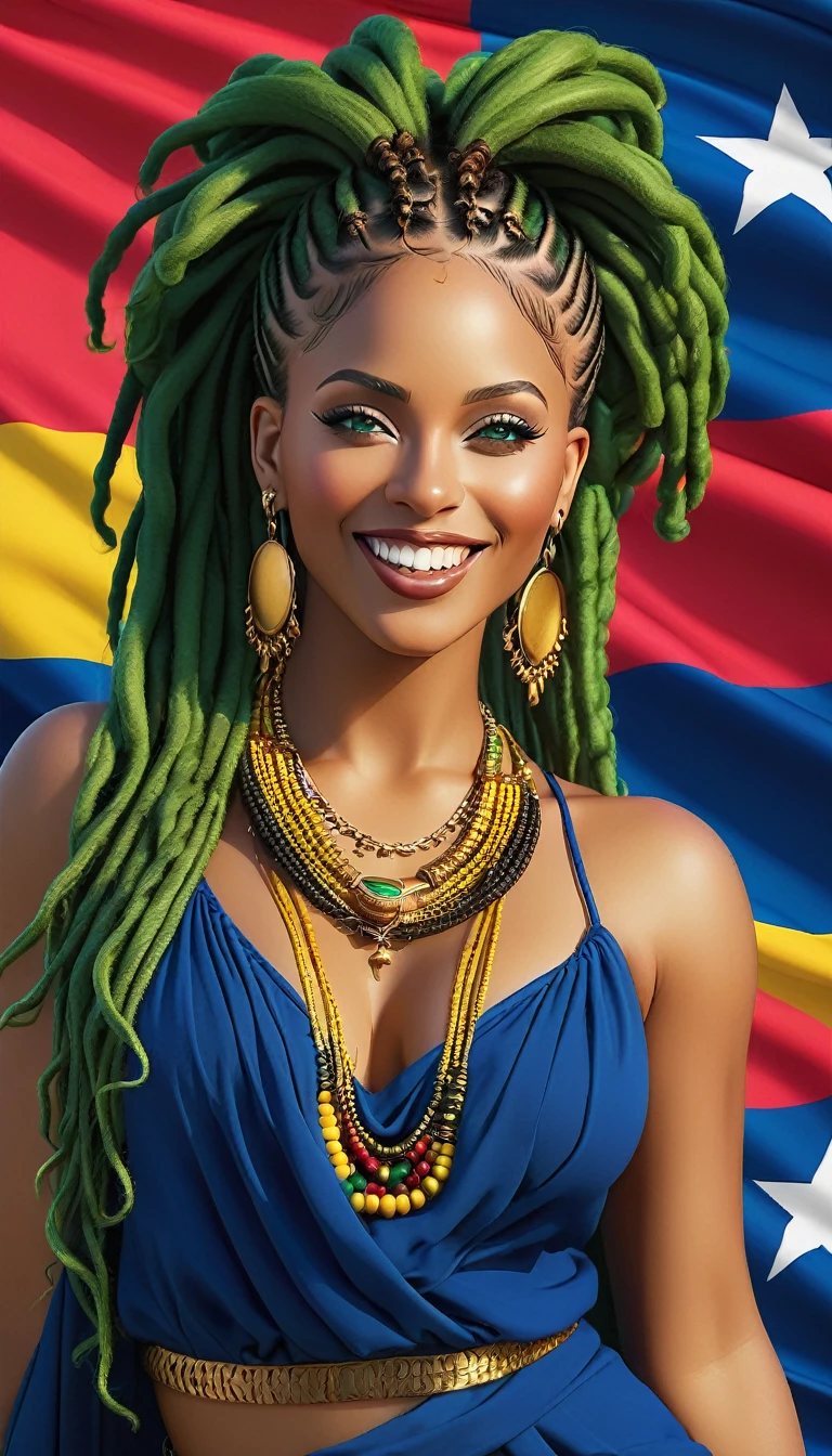 ((best qualityer)), ((8k)), Singer Tyla, with dreadlocks, beautiful and sensual, wonderful, powerful, goddess of beauty, coupe with detailed curves,  piercing, piercing no nariz, greeneyes, Sympathy, wearing low-cut African clothes, with pure gold earrings and necklace, best smile in the world, bluish background with the colors of the flag of the Cape Verde Islands, very well detailed, a true masterpiece, seamless.