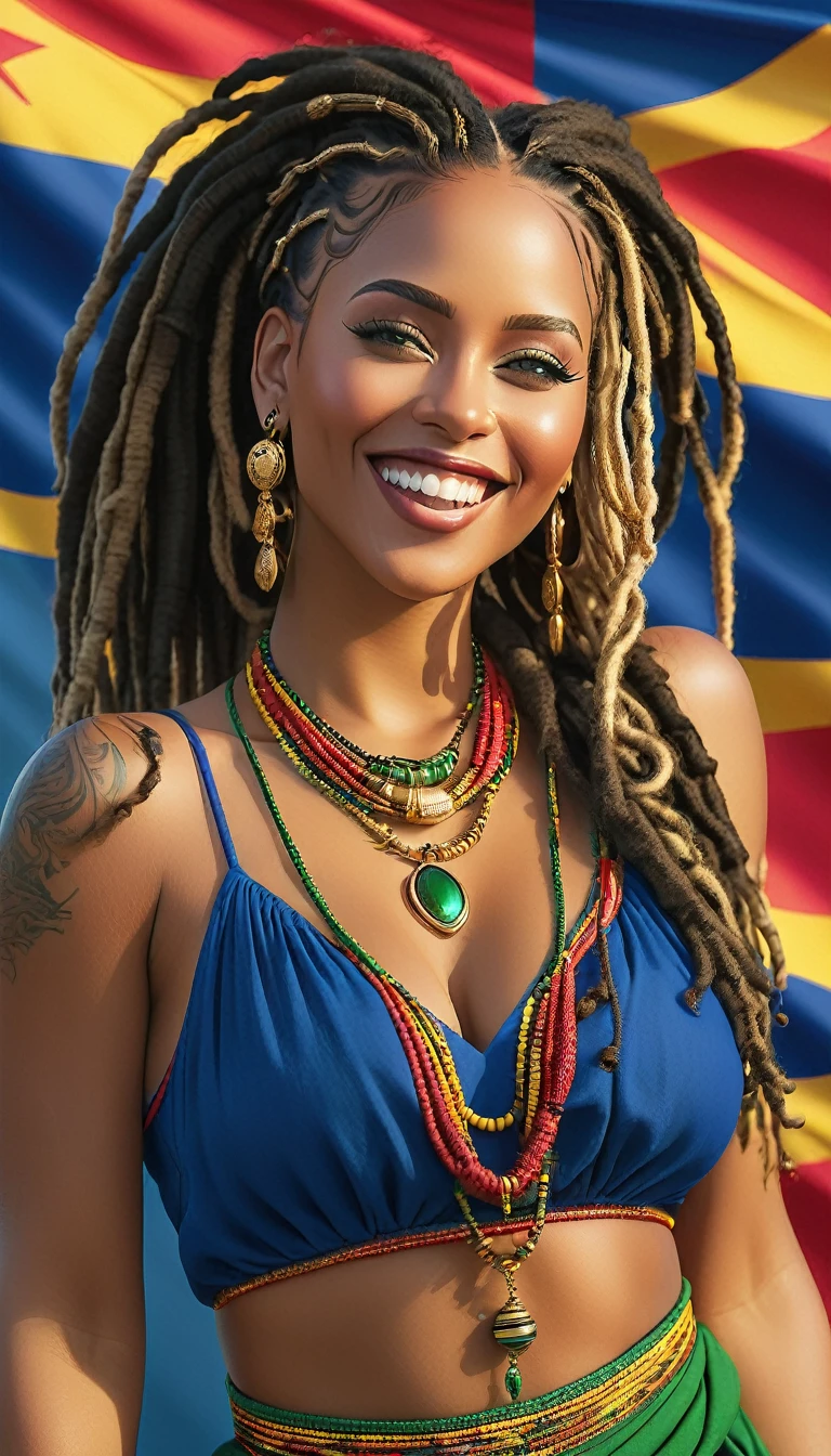 ((best qualityer)), ((8k)), Singer Tyla, with dreadlocks, beautiful and sensual, wonderful, powerful, goddess of beauty, coupe with detailed curves, nipple piercing, piercing no nariz, greeneyes, Sympathy, wearing low-cut African clothes, with pure gold earrings and necklace, best smile in the world, bluish background with the colors of the flag of the Cape Verde Islands, very well detailed, a true masterpiece, seamless.