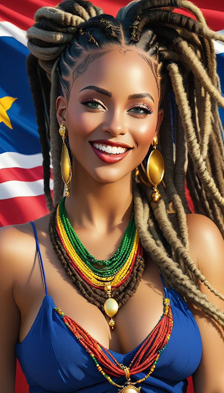 ((best qualityer)), ((8k)), Singer Tyla, with dreadlocks, beautiful and sensual, wonderful, powerful, goddess of beauty, wearing low-cut African clothes, with pure gold earrings and necklace, best smile in the world, bluish background with the colors of the flag of Cape Verde, very well detailed, a true masterpiece, seamless.