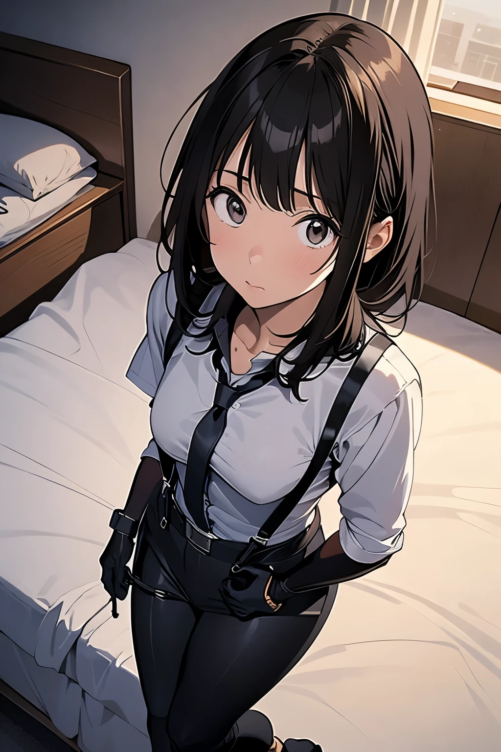 1 female, , high quality, masterpiece, Ultra-high resolution, , Cinema Lighting, , , And the suspenders with the cranes flying　　　Moderate breasts　 　 　　　　Small face　 　　　holster　　　　　　　 Lying in bed　Looking up　　　　Sweat 　　　belt　summer　脇Sweat 　Black Hole Gloves　suit　shirt　　Black jacket　 Black trousers　Leg Links　ズボンにbelt　　holster　 　　Hands behind your back　 Anxious expression　Looking up　Anxious face, legs apart