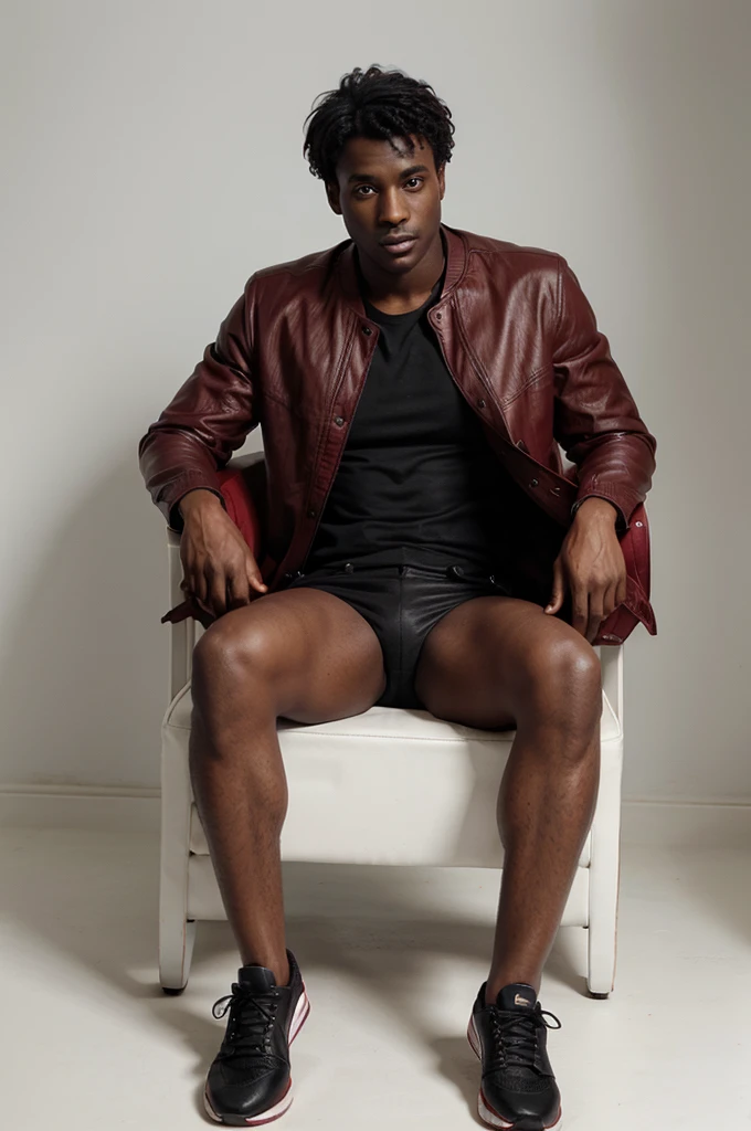 28-year-old dark-skinned man in a red armchair with a black jacket and black shoes on a white background 