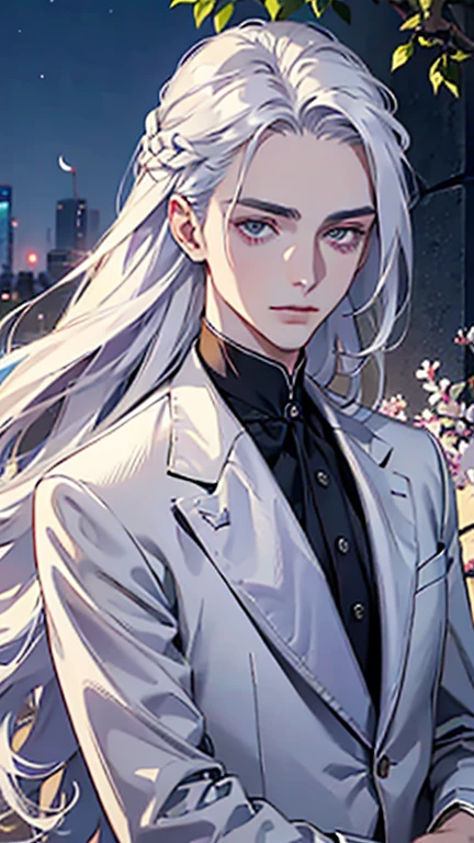 Masterpiece, high quality, Single man, Ethereal, handsome, masculine, broad shoulders, portrait, two metres long silver hair, straight hair, flowy hair, hair cascades down the ankles, no bangs, show forehead, white eyebrows, pale skin, violet eyes, vibrant violet eyes, colorful, white colors, wearing a white man's suit, suit, wearing a white suit outside, The face is kind, gentle, apple flower in the background, night time, apple tree, Rich in color, close-up shot, bust photo, do not show hand, Look at viewer.