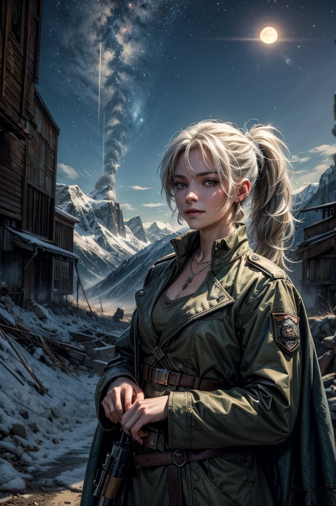(masterpiece, best quality:1.2), cowboy shot, weissvale, smile, closed mouth, looking at viewer, long white hair, side ponytail, scar above eye, scar below eye, white military uniform, jewelry, necklace, earrings, standing with army in city ruins on hill, overlooking valley, BREAK night, stars, moon, snow, BREAK mountains in background, waterfall, vehicle wreck, army searching with rifles, (army in military uniform), bonfires, post-apocalypse, dystopian future,