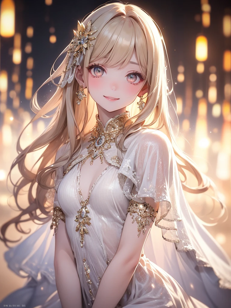 (master piece),(4k),high quality,(small breasts),1girl,long blonde hair,pale skin,smile,beautiful detailed gold eyes, (Highly detailed elegant),(white capelet fashion), Magical colors and atmosphere, Detailed skin,(cute sparkle), light particles,The background is soft and blurry,Add a dramatic and symbolic element to your scene, Depth of written boundary, Bokeh, Silky to the touch, Hyper Detail,sitting,create an ethereal atmosphere like a dream