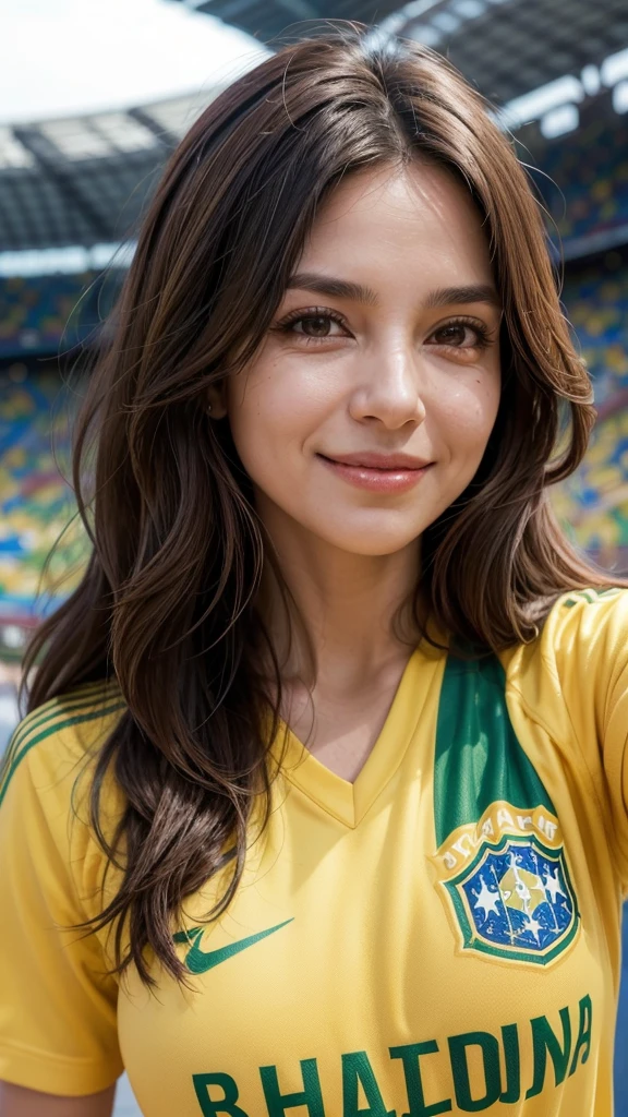 "Create an image of a beautiful, mature 48-year-old Brazilian woman. She has a warm smile and medium-length, wavy dark brown hair. Her skin is a rich, warm brown tone, and her eyes are expressive and kind. She is wearing a Corinthians football shirt, showing her support for the team. The background is a vibrant Brazilian setting, perhaps a lively street with colorful buildings or a stadium, capturing the essence of Brazilian culture and the woman's pride in her team."