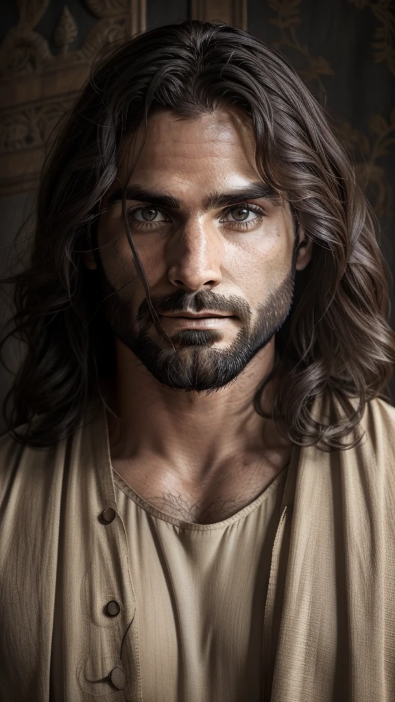 Seth Rollins as Jesus Christ, focus on the details of the face, similar to seth rollins, wearing long beige tunic of Jesus, Jesus style of the Bible, realistic image, background of the heavenly garden image with animals and flowers, best quality, 8k, focus on the details.